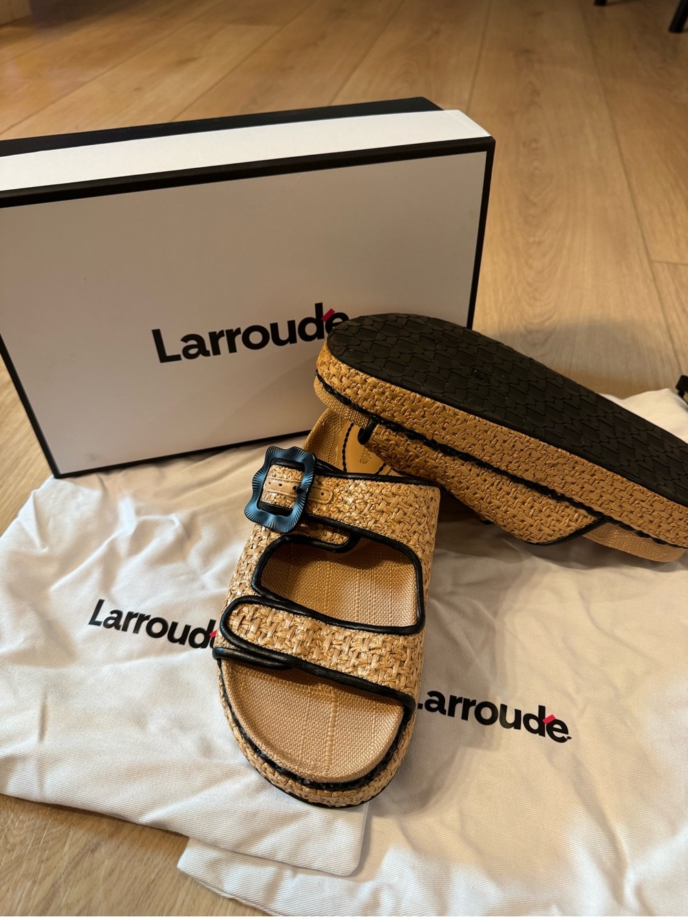 Larroude Maui Slide Sandals in Tapestry Natural Raffia and Black Trimming